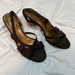 Brown Satin Cutout Low Slingback Peep Toe Formal Heels